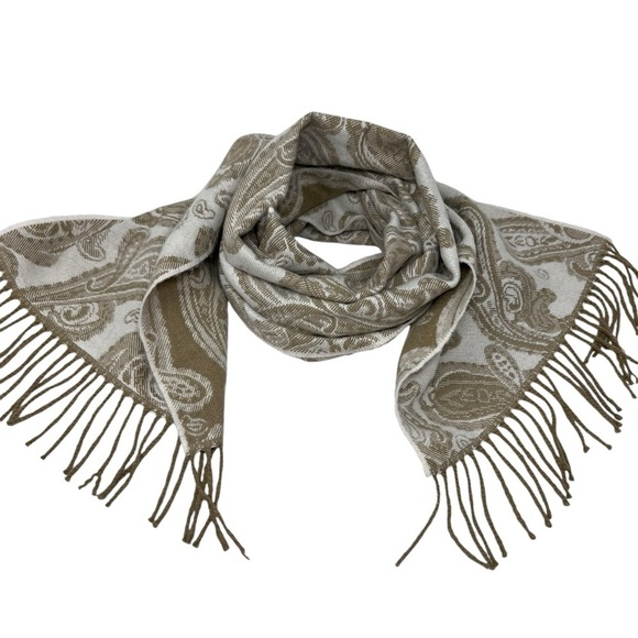 Cashmere Paisley Scarf Shawl with Fringe Beige White England Made Reversible - Picture 2 of 12